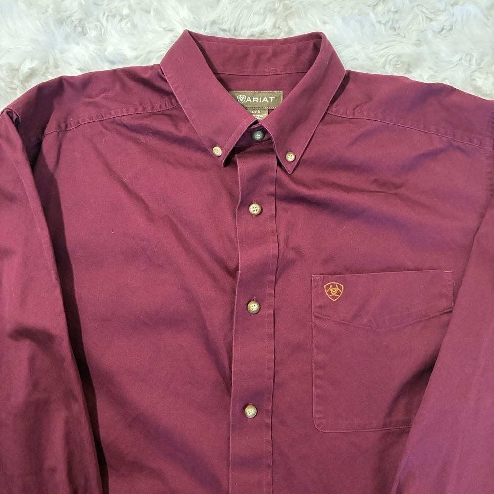 Ariat Size L Burgundy Long Sleeve Button Up 100% Cotton Shirt w Pocket